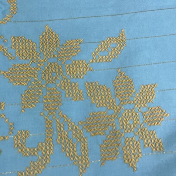 Vintage Blue Rectangular Dining Room Table Cloth w/ Gold Cross Stitch Flowers - Picture 2 of 11